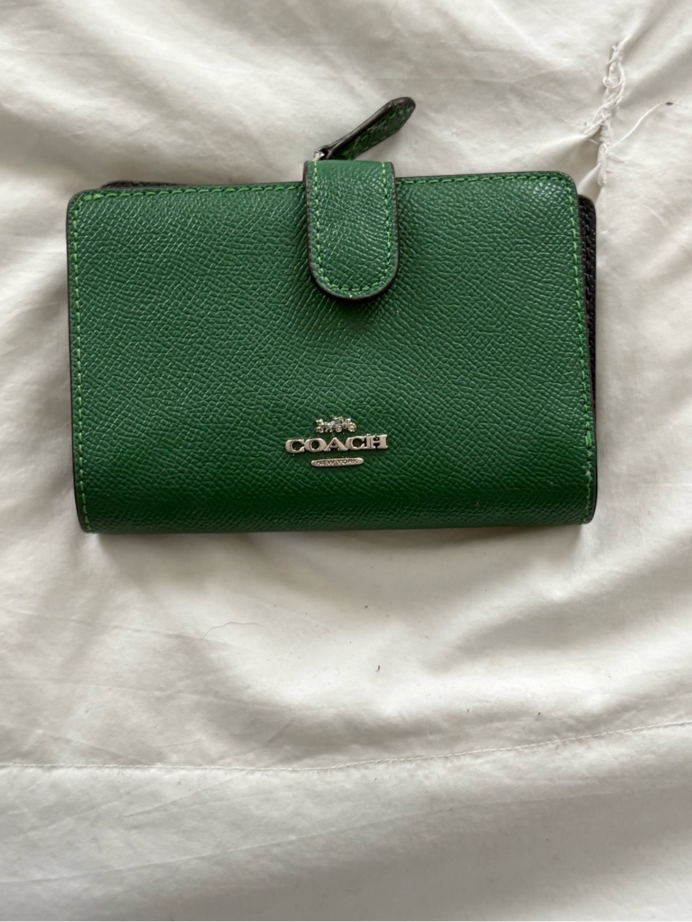 COACH Green Pebbled Leather Small Wallet with Silver Logo